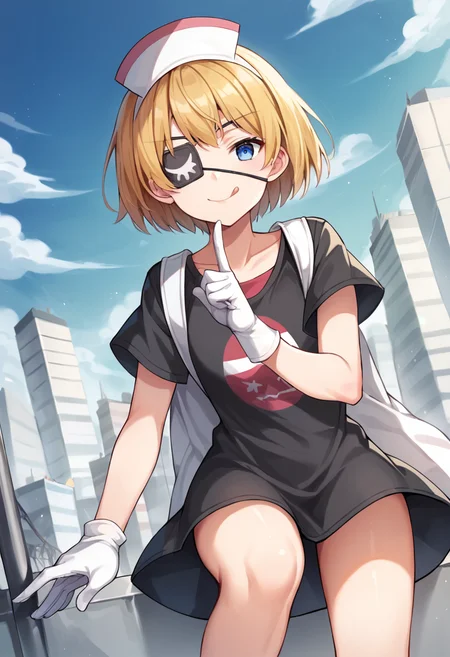 score_9,score_8_up,score_7_up,source_anime,masterpiece,best quality,dynamic_angle,1girl,solo,little_girl,blue eyes,blonde hair,brown hair,short hair,eyepatch,nurse cap,dress,black dress,short sleeves,white gloves,bag,looking_at_viewer,cowboy_shot,thighs,<lora:yakko:1>,smile,tongue_out,tongue,closed mouth,naughty_face,city,street,index_finger_raised,