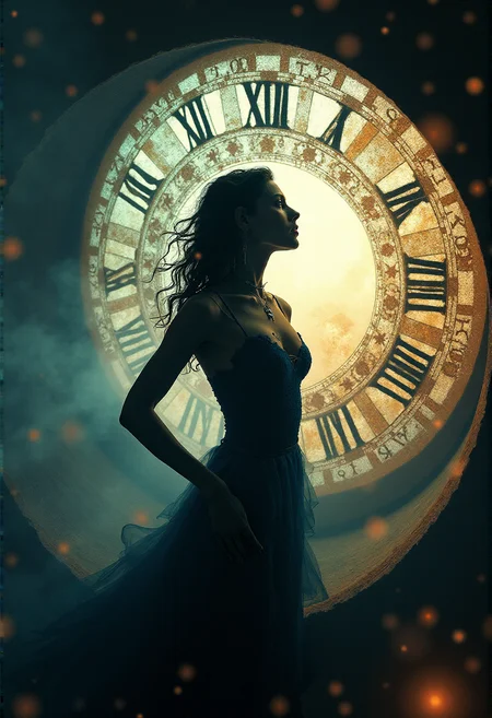 mysterious silhouette of a time travelling woman, black hole, inside of a clock, gears, goddess, alluring, by Minjae Lee, Carne Griffiths, Emily Kell, Steve McCurry, Geoffroy Thoorens, Aaron Horkey, Jordan Grimmer, Greg Rutkowski, amazing depth, double exposure, surreal, geometric patterns, intricately detailed, bokeh, perfect balanced, deep fine borders, artistic photorealism , smooth, great masterwork by head of prompt engineering