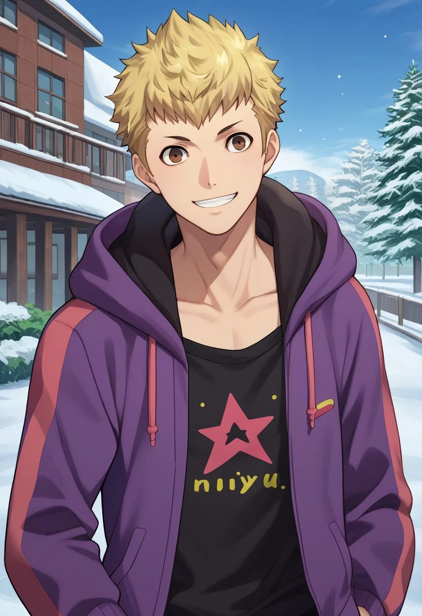 score_9, score_7_up, source_anime
ryuji, 1boy, male focus solo, brown eyes, blonde hair, short hair, hoodie, purple hoodie, hood, open hoodie, open clothes, shirt, black shirt, smile,
outdoor, winter,