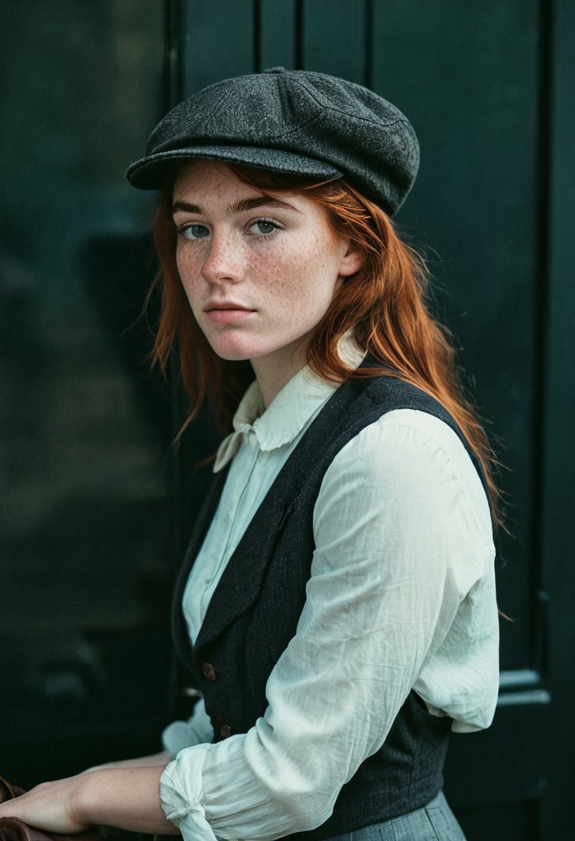 18-year-old girl with auburn hair and freckles wearing the clothes of a 19th century newsboy with a newsboy cap