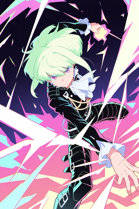 1 boy,solo,Lio Fotia \(Promare\),fighting,pyrokinesis,purple fire,surrounded by fire Lio Fotia,Rushing towards the camera view,