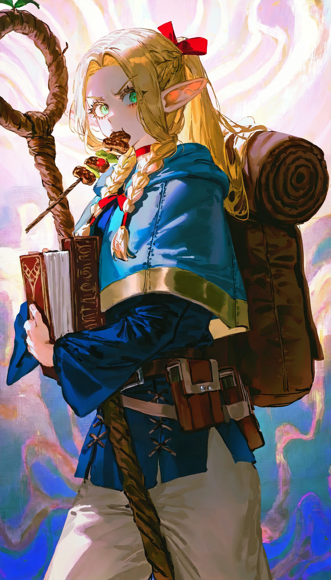 masterpiece,best quality,artist:john_kafka,artist:nixeu,artist:quasarcake, ,gritty,
marcille donato，
1girl, >:\(, abstract background, ambrosia \(dungeon meshi\), backpack, bag, belt, belt pouch, blonde hair, blue capelet, blue shirt, book, book holster, capelet, elf, food, food in mouth, green eyes, grimoire, hair ribbon, holding, holding staff, kebab, multicolored background, pants, pointy ears, ponytail, pouch, red ribbon, ribbon, shirt, sideways glance, skewer, sleeping bag, sprout, staff, v-shaped eyebrows, white pants