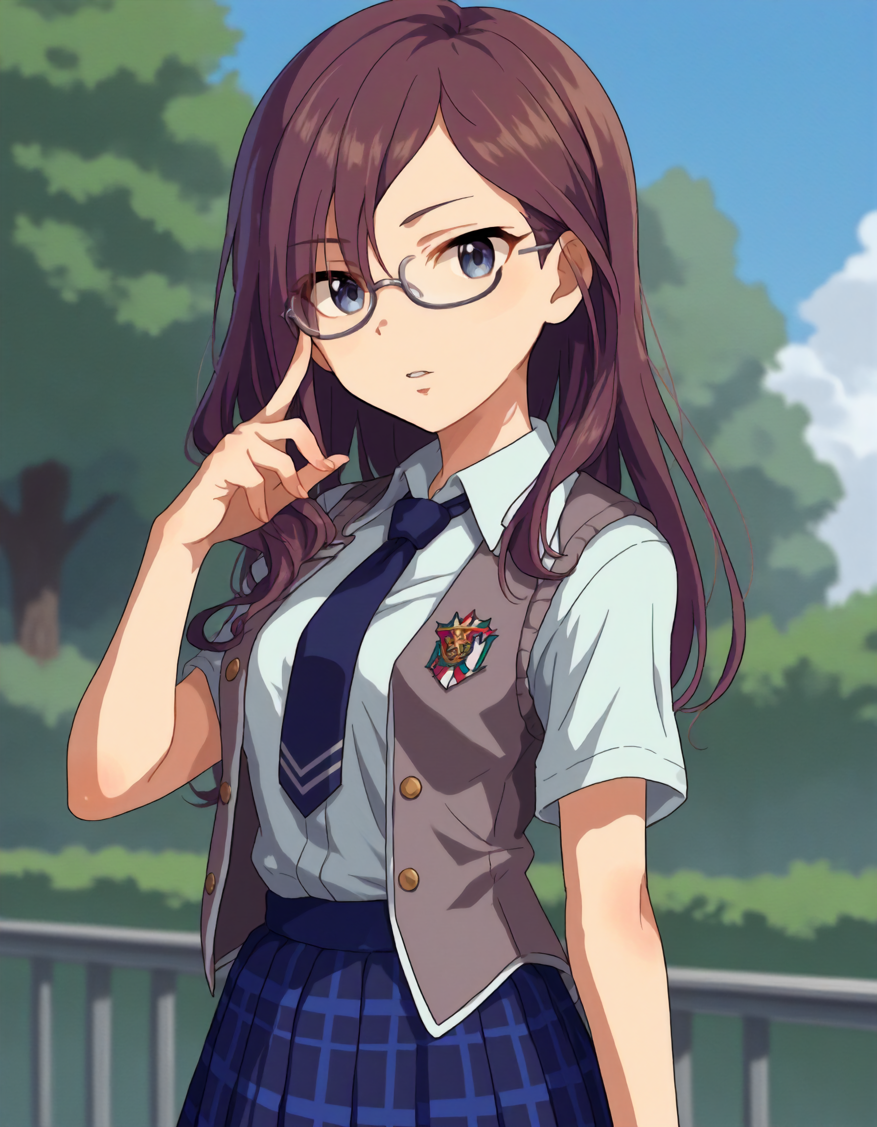 score_9,score_8_up,score_7_up,1girl,solo,cowboy shot,looking at viewer,parted lips,adjusting eyewear,outdoors,
<lora:yagamimakino_ponyXLV6:0.8>,cgymk,
purple hair + brown hair,long hair,blue eyes,grey-framed eyewear,
school uniform,necktie,shirt,vest, blue skirt