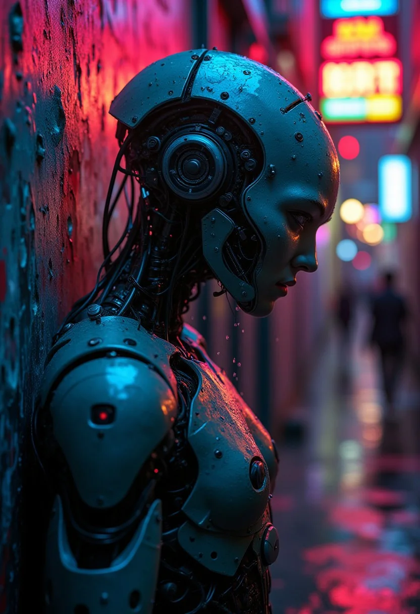 (masterpiece:1.2), (Photo of a cinematic shot of a weathered cyborg, their back pressed against a graffiti-covered wall in a neon-soaked alleyway, Raindrops trickle down their metallic face reflecting the kaleidoscope of colors from flickering signs, Harsh shadows and bursts of light highlighting the intricate circuitry and worn details, metal and grime:1.1), (art by Don Bluth:1.4), (hyperdetailed:1.1), (intricate details:1.0), (Refined details:1.1), (best quality:1.1), (high resolution:1.2)