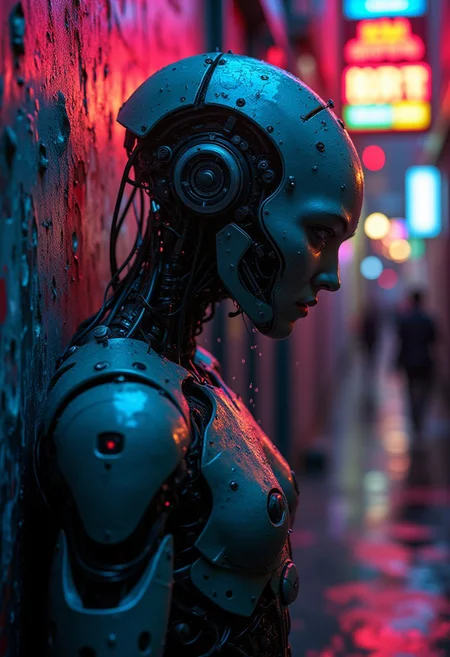 (masterpiece:1.2), (Photo of a cinematic shot of a weathered cyborg, their back pressed against a graffiti-covered wall in a neon-soaked alleyway, Raindrops trickle down their metallic face reflecting the kaleidoscope of colors from flickering signs, Harsh shadows and bursts of light highlighting the intricate circuitry and worn details, metal and grime:1.1), (art by Don Bluth:1.4), (hyperdetailed:1.1), (intricate details:1.0), (Refined details:1.1), (best quality:1.1), (high resolution:1.2)