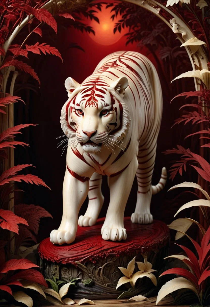 made out of ivory, Photo, close up, no humans, evening with golden hour lighting, professional grade, dark Gothic, Studio lighting. Photo realistic, Natural atmospheric lighting, intricate details, 35mm photograph, film, professional, 32k visuals, highly detailed, elegant, studio quality, tiger made of cd's, (red:3), jungle.