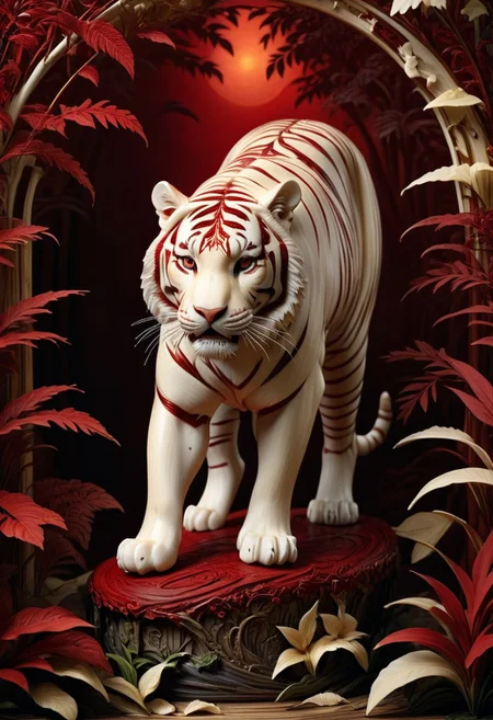 made out of ivory, Photo, close up, no humans, evening with golden hour lighting, professional grade, dark Gothic, Studio lighting. Photo realistic, Natural atmospheric lighting, intricate details, 35mm photograph, film, professional, 32k visuals, highly detailed, elegant, studio quality, tiger made of cd's, (red:3), jungle.