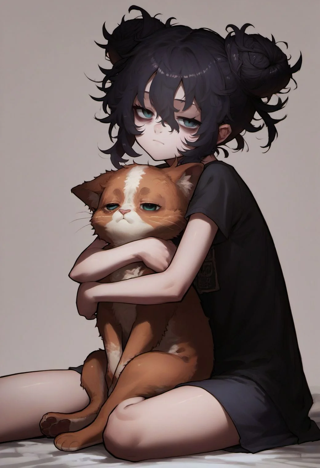 score_9, score_8_up, score_7_up, score_6_up, ekrea jan style,
young girl, skinny, looking at viewer, sitting, bags under eyes, tired, hair bun, hug cat, messy hair, hair between eyes, character name, double bun, hugging own legs,
<lora:ekrea_jan_style_v1:0.8>,
<lora:fix_hands:1.5>,
