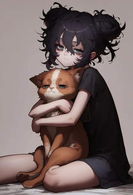 score_9, score_8_up, score_7_up, score_6_up, ekrea jan style,
young girl, skinny, looking at viewer, sitting, bags under eyes, tired, hair bun, hug cat, messy hair, hair between eyes, character name, double bun, hugging own legs,
<lora:ekrea_jan_style_v1:0.8>,
<lora:fix_hands:1.5>,