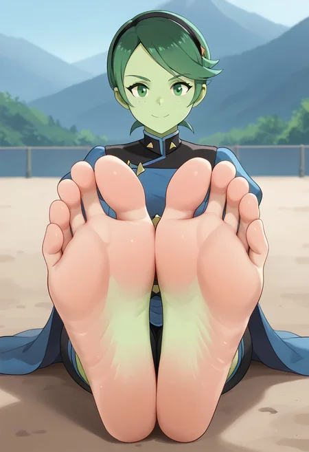 score_9, score_8_up, score_7_up, score_6_up, score_5_up, score_4_up, source_anime, BREAK, (masterpiece:1.4), (best quality:1.2), expressive eyes, perfect face, perfect anatomy, accurate anatomy, perfect feet, perfect soles, 1 girls, feet, soles, toes, foot focus, front view, smile, cute expression, clean feet, sitting, hands on ground, showing feet, barefoot,  PONYXL_WaifuFeetPics_ownwaifu, feet, perfect feet, soles, 4 toes in left foot, 4 toes in right foot, perfect anatomy, accurate anatomy, foot focus, feet, toes, sitting, D'vana Tendi, orion species, Star Trek, colored skin, green skin, green skin female, green freckles, colored hair, green hair, undercut, Female_Corrin_(cosplay), black hairband, armored dress, armored pants, blue cape, puffy sleeves, juliet sleeves, vambraces, black gloves, barefoot, feet together, close up, feet close up