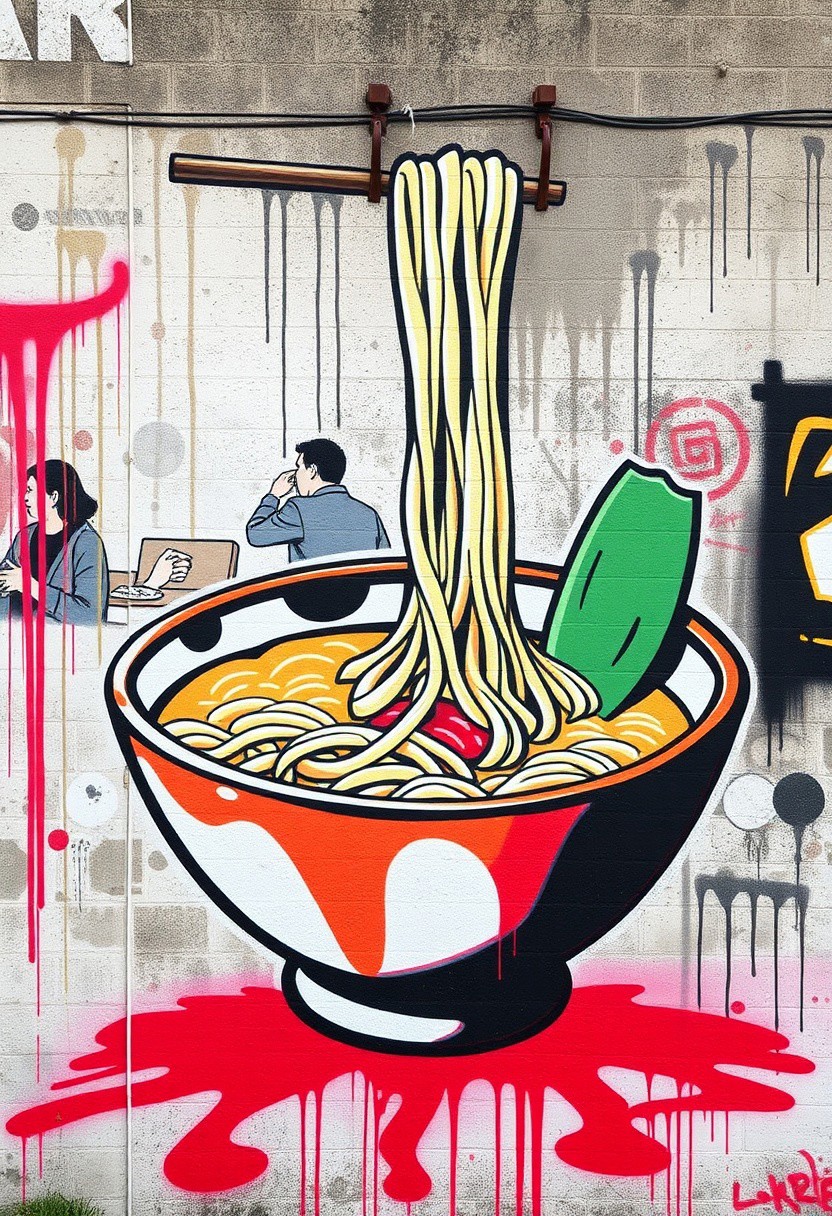 Graffiti art of a bowl of ramen noodles, japanese modern art, street mural, spray paint, highres, great quality