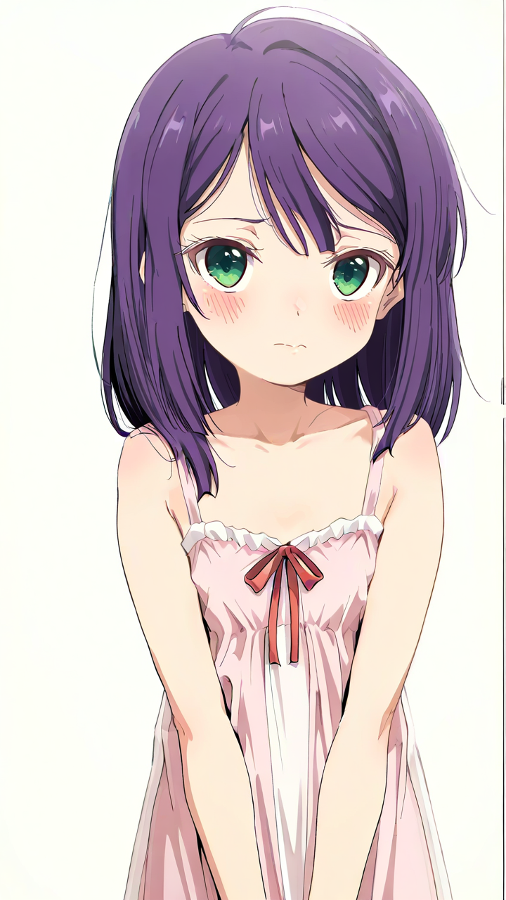 white_background,simple background,1girl,solo,looking_at_viewer,blush,anime screenshot,sincos,<lora:Kaede_Illustrious_v15:1>,Kaede,shy,hair down,nightgown,looking_up,, masterpiece, best quality