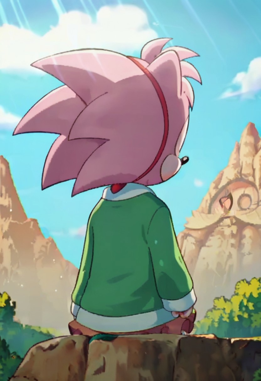 score_9, score_8, score_7, source_furry, amiroze, mountain, nature, miniskirt, long sleeves, dress, green sweater, bare tree, flat chest, sunlight, from behind