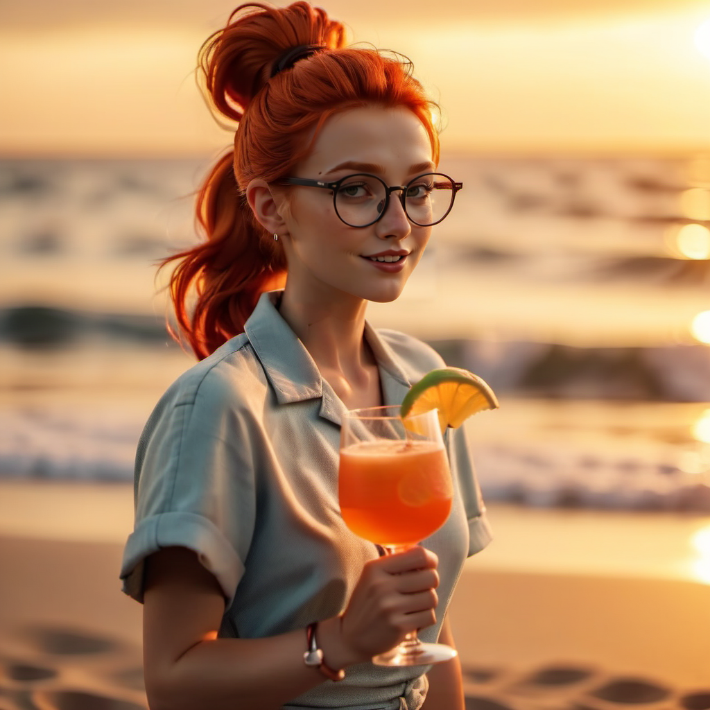 cinematic photo full body portrait 1girl, solo, round glasses, freckles, redhead, ponytail, having a cocktail on the beach, sunset  <lora:MlleJeanne1024-step00000800:0.8> . 35mm photograph, film, bokeh, professional, 4k, highly detailed