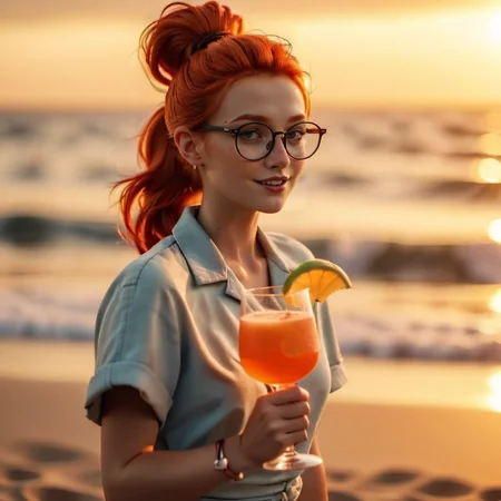 cinematic photo full body portrait 1girl, solo, round glasses, freckles, redhead, ponytail, having a cocktail on the beach, sunset <lora:MlleJeanne1024-step00000800:0.8> . 35mm photograph, film, bokeh, professional, 4k, highly detailed