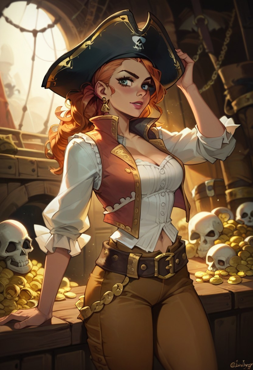 score_9, score_8_up,  score_8_up,  sexy woman,  pirate, pirate hat,  vest on bare body, brown pants, thick belt, skull island, sunny day, gold, treasure,     highly detailed,  dynamic lighting,  depth of field, absurdres, best quality,