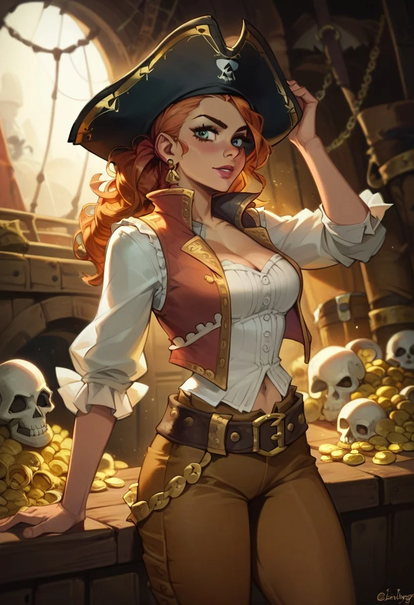 score_9, score_8_up,  score_8_up,  sexy woman,  pirate, pirate hat,  vest on bare body, brown pants, thick belt, skull island, sunny day, gold, treasure,     highly detailed,  dynamic lighting,  depth of field, absurdres, best quality,