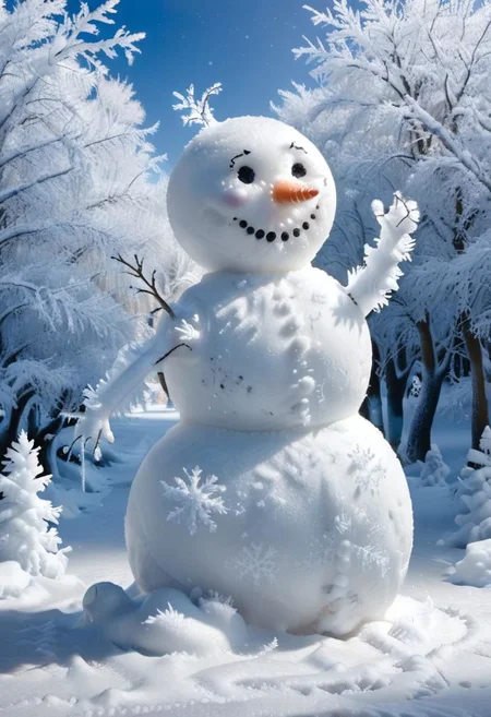 professional breathtaking cinematic movie still made of snow, outside in a sunlit blizzard ice storm, funny snowman made of snow