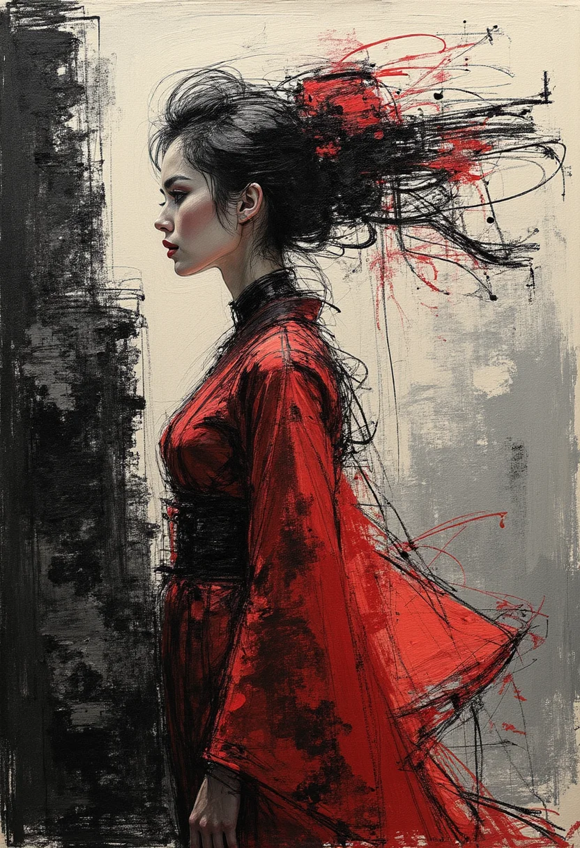 Unveil a thrilling narrative wrapped within the captivating hues of an impasto dramatic masterpiece; behold a mesmerizing geisha-like android standing defiantly at the edge of a perilous cliff. Her delicate form adorned in vivid reds contrasting against the stark blackness of her metallic frame, her vibrant wild mane flowing like molten lava in the tempestuous winds. The vivid primaries illuminate the canvas in strokes of powerful emotion, dripping with impasto textures and abstract expressionism. Lightning streaks across the canvas, casting bold shadows that accentuate every intricate detail of this breathtaking scene, while spotlights reveal the mysterious depths of her lifelike eyes. This enigmatic fusion of technology and ancient artistry creates an aura of mystery and intrigue unrivaled in any ordinary realm. A tale untold yet brimming with suspense awaits the courageous observer who dare delve into the untamed depths of this stunning creation. ,<lora:flux/fav/ck-charcoal-drawing-000014.safetensors:1.0:1.0>