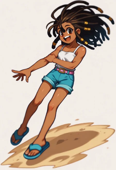 score_9, score_8_up, score_7_up BREAK RollMvC, 1girl, dreadlock hair, brown skin, brown eyes, full body, tall, thin, skinny, happy at viewer, sleeveless strapless white tank top, pink belt, buckle, cyan shorts, blue sandals, beach sunny outdoors,