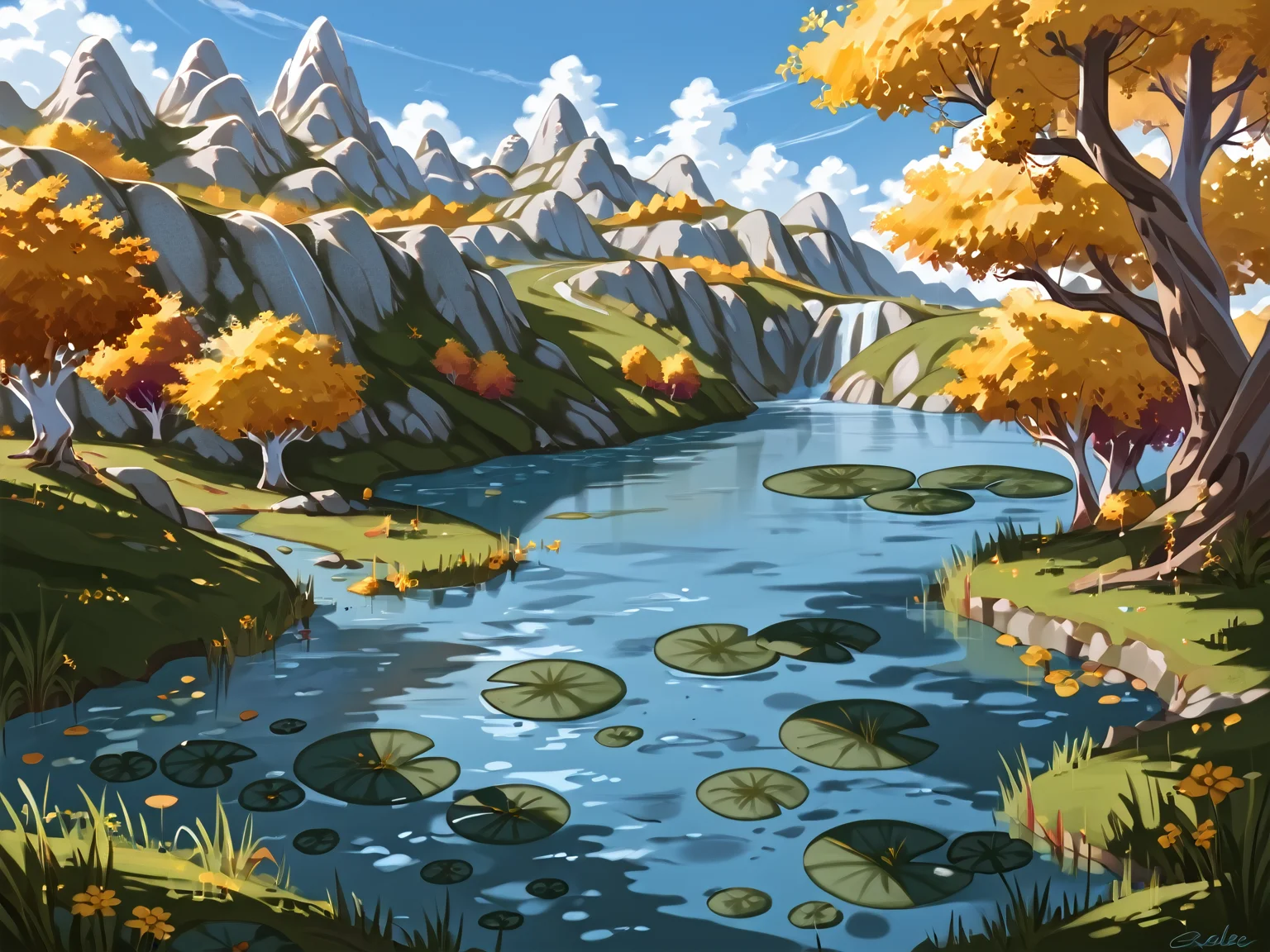 score_9, score_8_up, score_7_up, score_6_up, eversong, belftree, tree, mountainous, river, water, lily pad, (landscape), very aesthetic, detailed background, Hyperdetailed, Extreme Detail, 4K Resolution, Masterpiece, Best Quality <lora:Eversong_Woods_-_World_of_Warcraft_Zones:1>