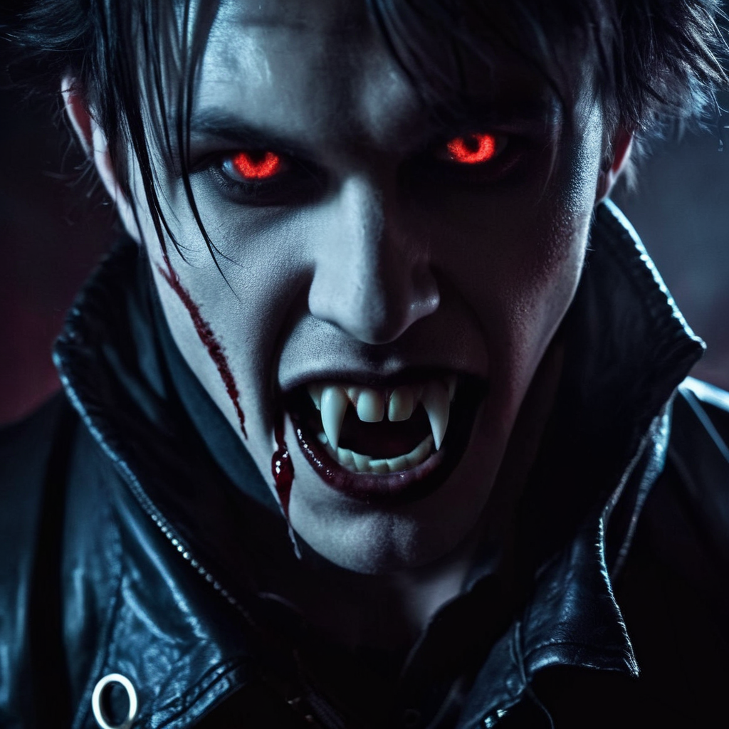 Dark Fantasy Art of  <lora:64_vampire fangs teeth:1> Cinematic Film Look
a man with a vampire's teeth and a leather jacket vampire fangs teeth, dark, moody, dark fantasy style