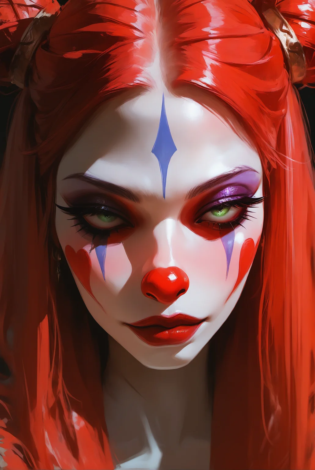 masterpiece, best quality, good quality, very awa, very aesthetic, absurdres, newest, 1girl, solo, long_hair, looking_at_viewer, closed_mouth, green_eyes, heart, red_hair, hair_bun, eyelashes, lips, double_bun, makeup, facial_mark, portrait, lipstick, pale_skin, close-up, eyeshadow, red_lips, facepaint, mascara, clown, red_nose,Head down <lora:ponyv6_noobV1_2_adamW-000017:0.7> <lora:USNR_STYLE_XL_lokr:0.45> <lora:Digital_Art_[LoRA]_-_Illustrious-XL_v0.1:0.8>