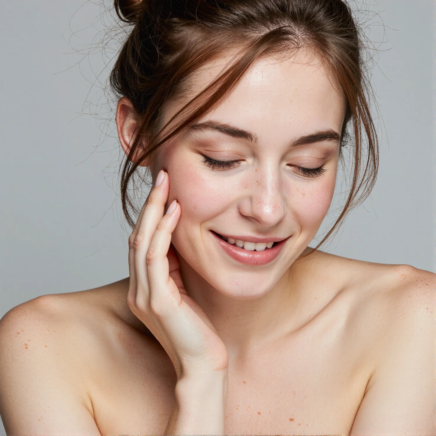 Grungy analog photo portrays a young woman with fair skin and dark brown hair styled in a messy top bun. She has closed eyes and a slight smile, with her left hand touching her cheek, creating a serene, contemplative expression. The skin appears smooth and flawless, with a slight natural blush. The lighting is soft, highlighting her high cheekbones and glossy, dewy complexion. There is a faint hint of freckles visible on her cheeks. The background is a plain, light grey, keeping the focus on the subject's face. The image is a high-resolution photograph.