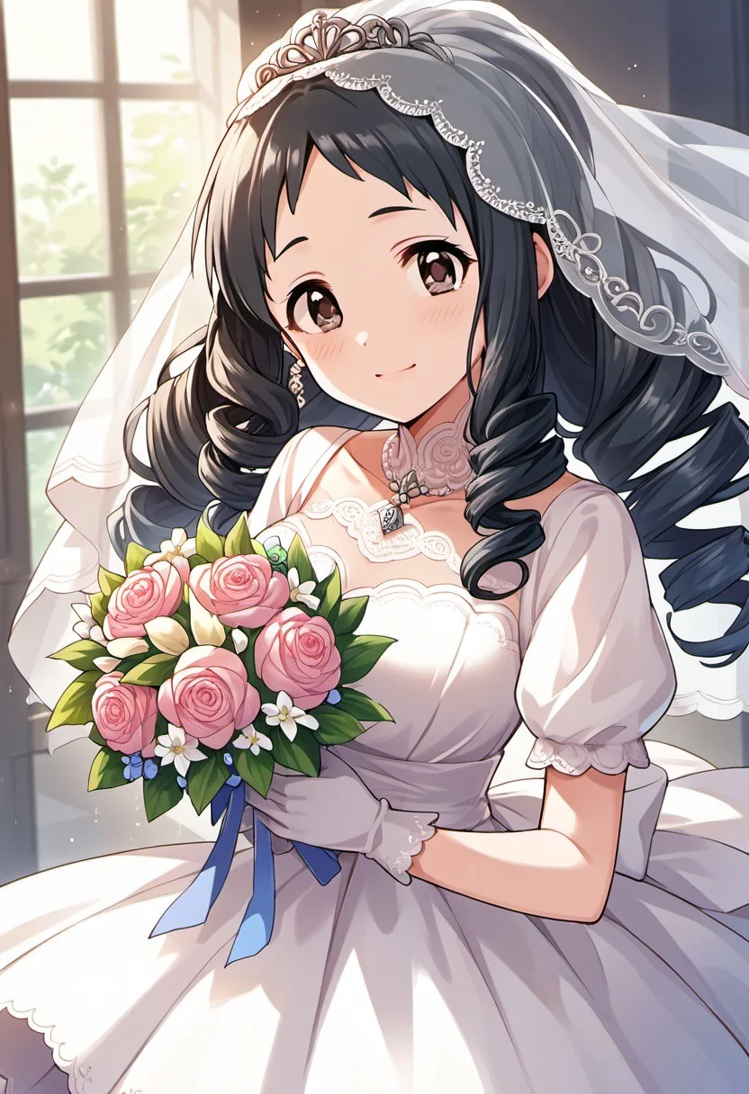 score_9, score_8_up, score_7_up, source_anime,oonuma kurumi, black hair, long hair, brown eyes, 1girl, solo,flower, veil, dress, gloves, bouquet, drill hair, wedding dress