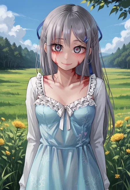 score_9, score_8_up, score_7_up, score_6_up, score_5_up, score_4_up, detailed eyes, detailed skin, source_anime, source_anime, masterpeice, best quality, very aesthetic, absurdres, BREAK, <lora:sylvie.pony:1>, sylvie, 1woman, adult, mature, (milf:0.6), grey hair, long hair, BREAK, dress, summer dress, BREAK, summer, field, sun, BREAK, standing, joy, happy, light smile,