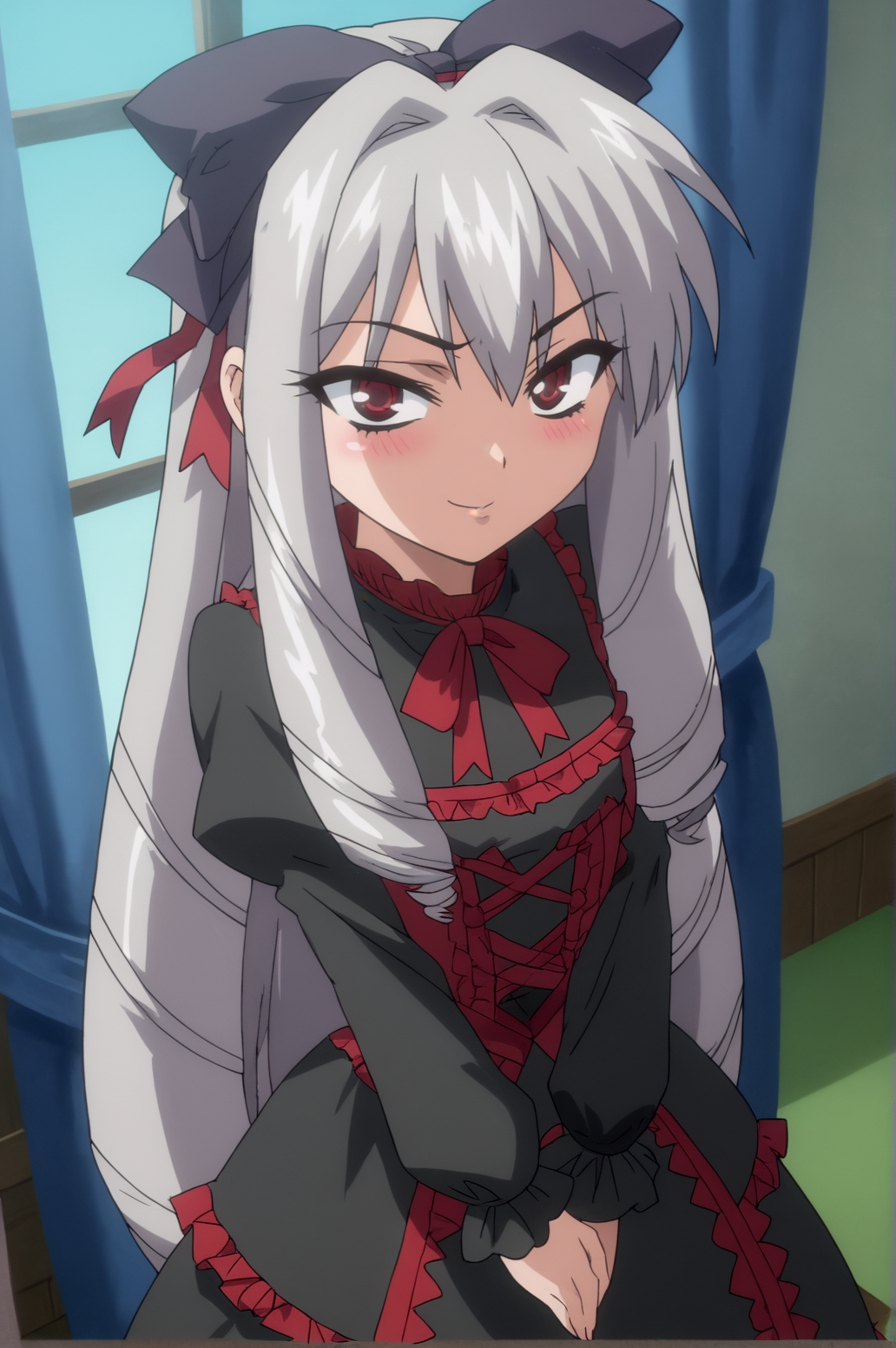 score_9, score_8_up, score_7_up,anime_source, source_anime, best background, detailed background, anime screencap,  Rikka, 1girl, bow, hair ribbon, very long hair, drill hair, gothic dress, naughty face, blush, hands on back, standing, from above, tsurime eyes, long sleeves, solo,  indoors,  <lora:JN_Koujin_Rikka:0.8>