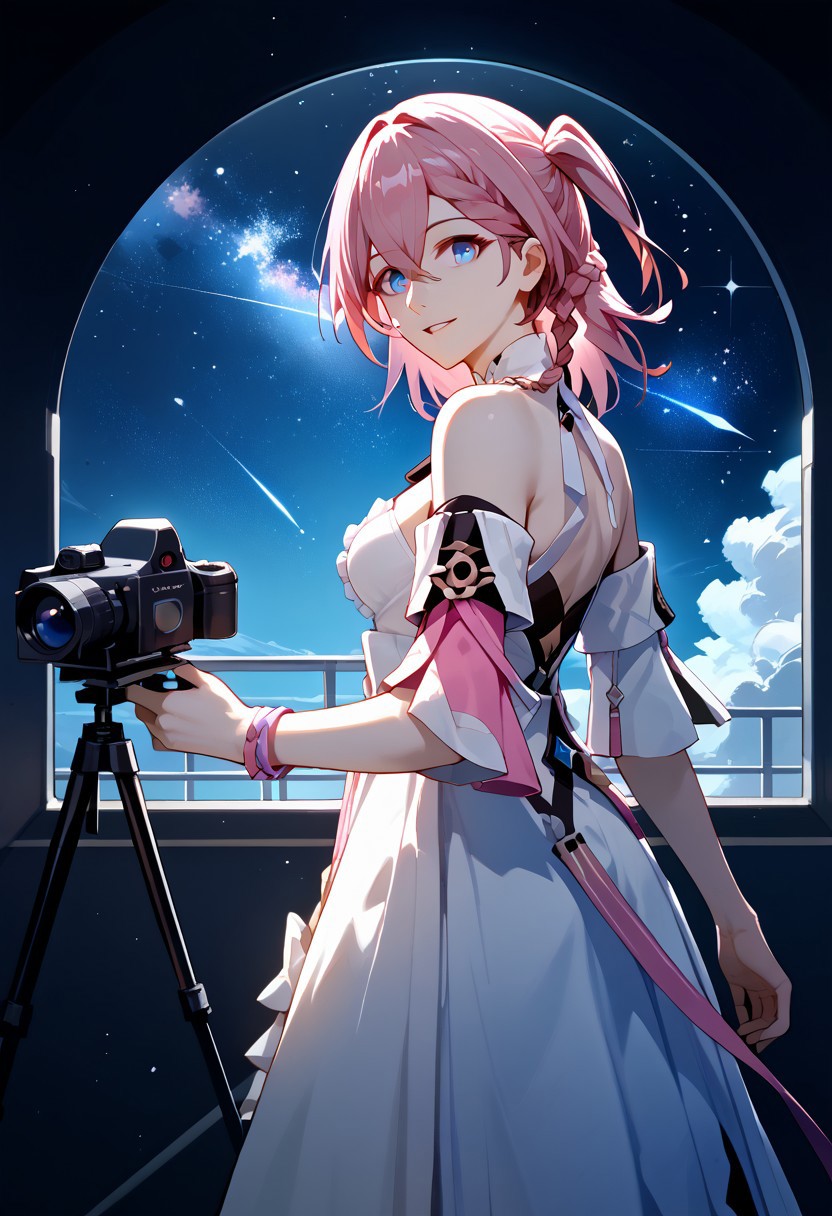 score_9,score_8_up,score_7_up,source_anime,ASTA_(HONKAI_STAR_RAIL),1girl,solo,breasts,looking at viewer,smile,short hair,blue eyes,dress,holding,hair between eyes,jewelry,bare shoulders,standing,pink hair,braid,cowboy shot,parted lips,detached sleeves,sky,medium hair,looking back,white dress,from side,bracelet,one side up,star \(sky\),starry sky,camera,space,holding camera,telescope,