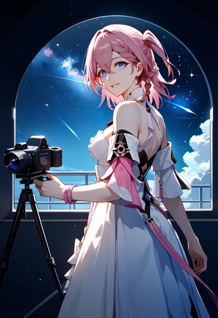 score_9,score_8_up,score_7_up,source_anime,ASTA_(HONKAI_STAR_RAIL),1girl,solo,breasts,looking at viewer,smile,short hair,blue eyes,dress,holding,hair between eyes,jewelry,bare shoulders,standing,pink hair,braid,cowboy shot,parted lips,detached sleeves,sky,medium hair,looking back,white dress,from side,bracelet,one side up,star \(sky\),starry sky,camera,space,holding camera,telescope,