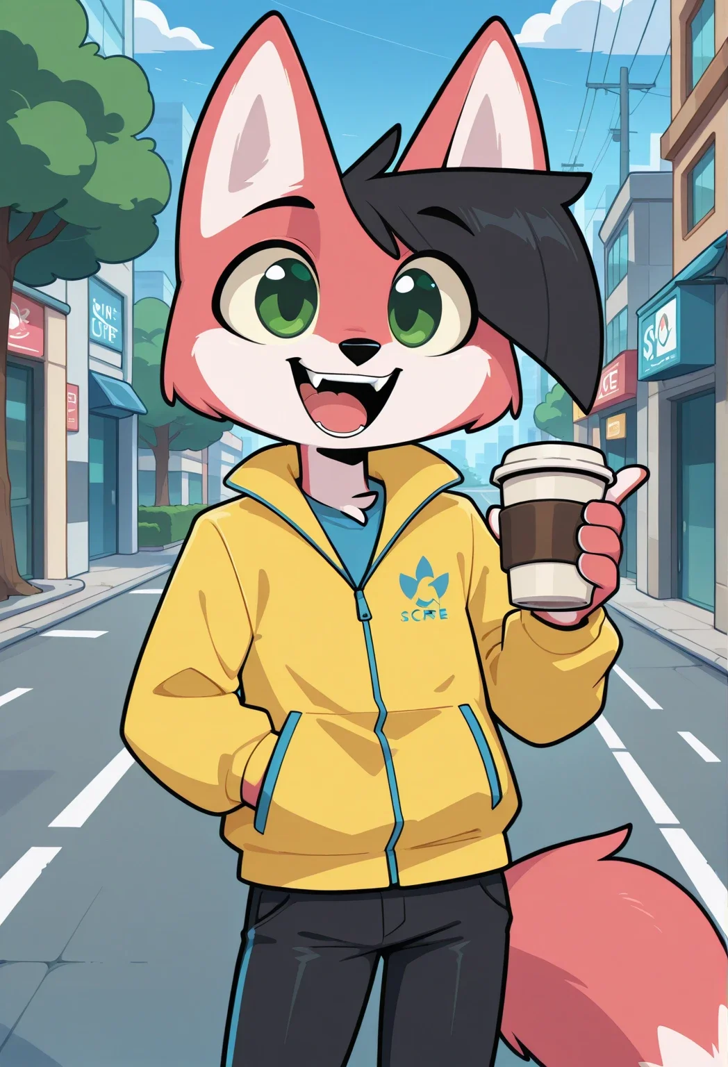 score_9, score_8_up, score_7_up, score_6_up, score_5_up, score_4_up, source_furry, solo, source_cartoon, fox, Ris_fox, anthro fox, furry male, black hair, green eyes, red body, animal ears, furry character, hotel room, happy, anthro, fur, furry body, show accurate, fangs, detailed, open mouth, beautiful, male, vector, flat colors, 4k, ultra detailed, open mouth, focus eyes, standing, pants, shirt, happy, street, coffee cup, yellow jacket