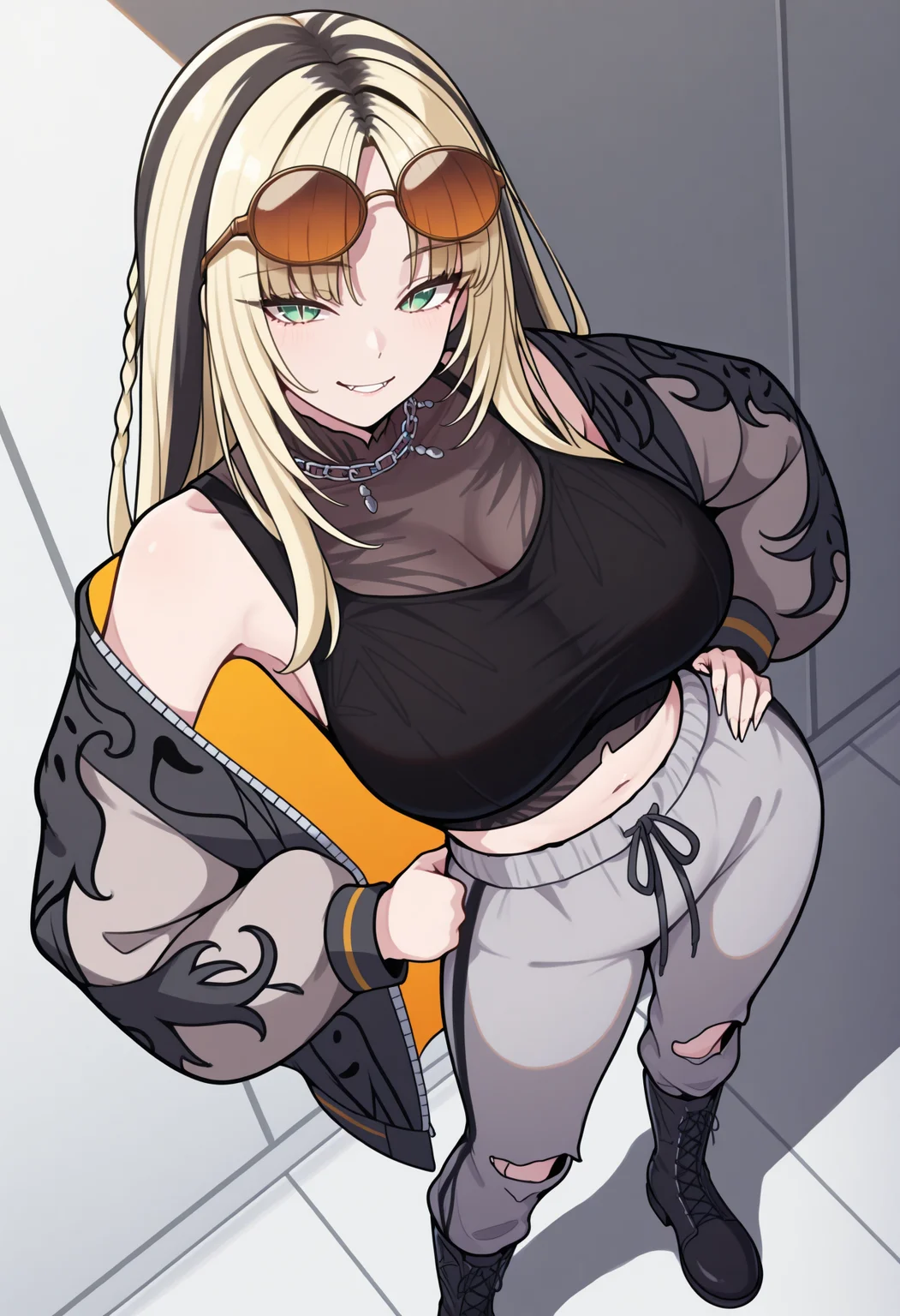 masterpiece, best quality, 1girl, solo, KoganeiDefault, green eyes, slit pupils, multicolored hair, blonde hair, black hair, long hair, side braid, parted bangs, sunglasses, chain necklace, black shirt, sleeveless, covered collarbone, see-through shirt, midriff peek, multicolored jacket, black jacket, print jacket, grey sweatpants, torn pants, lace-up boots, standing, full body, dutch angle, from above, eyewear on head, hand on hip, contrapposto, smile, <lora:ChamKoganeiNikoIllustriousXL:1>