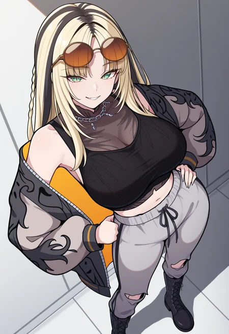 masterpiece, best quality, 1girl, solo, KoganeiDefault, green eyes, slit pupils, multicolored hair, blonde hair, black hair, long hair, side braid, parted bangs, sunglasses, chain necklace, black shirt, sleeveless, covered collarbone, see-through shirt, midriff peek, multicolored jacket, black jacket, print jacket, grey sweatpants, torn pants, lace-up boots, standing, full body, dutch angle, from above, eyewear on head, hand on hip, contrapposto, smile, <lora:ChamKoganeiNikoIllustriousXL:1>
