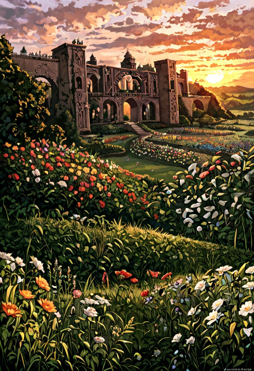castles, labyrinth castles,lalangheej,  labyrinth, ((labyrinths)),labyrinth multicolor, grass,flower field,lalangheej, flores rainbow, flowers multicolor, rainbow ,outdoors,sunset,score_9,score_8_up