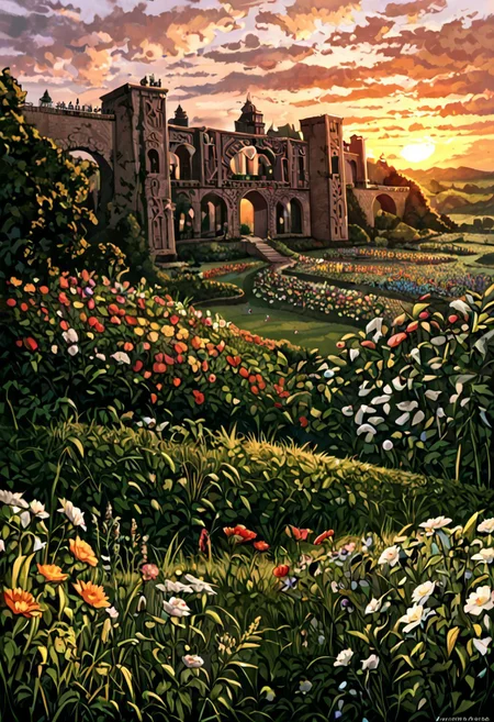 castles, labyrinth castles,lalangheej, labyrinth, ((labyrinths)),labyrinth multicolor, grass,flower field,lalangheej, flores rainbow, flowers multicolor, rainbow ,outdoors,sunset,score_9,score_8_up