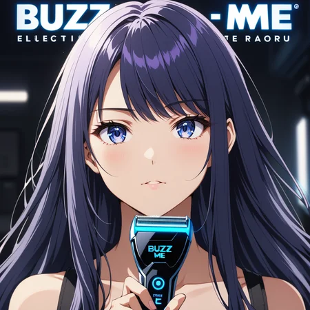 (sign that says "BUZZ ME"), 1girl, Woman holding electric (razor), looking at viewer,  <lora:perfect-eyes:0.8> perfecteyes, <lora:texta:1.1>, text, logo, the word, long hair, beautiful hair, (anime, masterpiece, intricate:1.3), (best quality, hires textures, high detail:1.2), (4k),(incredibly detailed:1.4),UHD, 8K, ultra detailed