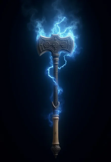 A intricatelly designed warhammer, coursing with lightning, magic glow, engulfed in blue flame, sparks of lightning, glowing embers, arcane runes, ivory handle, pitch black background, 4k, masterpiece, best quality, absurd res, concept art