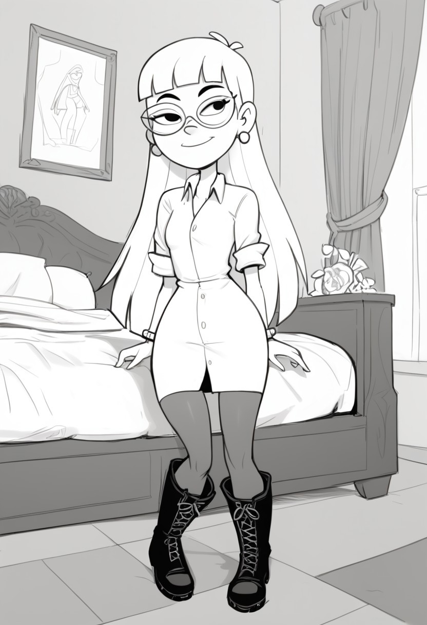 score_9, score_8_up, score_7_up, BREAK flufsk, monochrome, grayscale, VicSol, 1girl, long hair, blunt bangs, black eyes, glasses, pearl earrings, right arm bracelet, short-sleeved buttoned dress, tights, long boots, full body, solo, solo focus, alone, smiling, cartoon, source_cartoon, bedroom indoors, bedroom background,