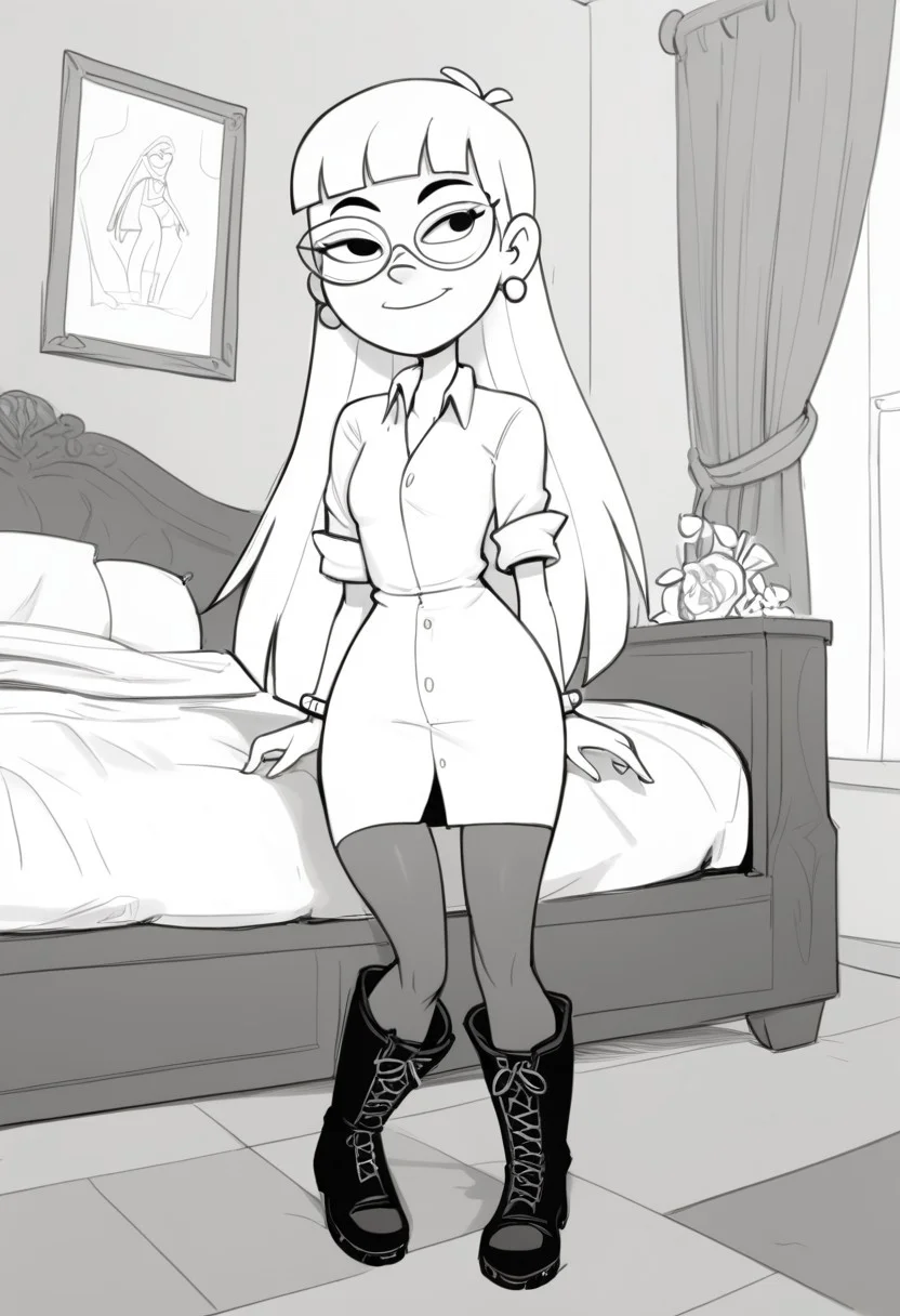 score_9, score_8_up, score_7_up, BREAK flufsk, monochrome, grayscale, VicSol, 1girl, long hair, blunt bangs, black eyes, glasses, pearl earrings, right arm bracelet, short-sleeved buttoned dress, tights, long boots, full body, solo, solo focus, alone, smiling, cartoon, source_cartoon, bedroom indoors, bedroom background,