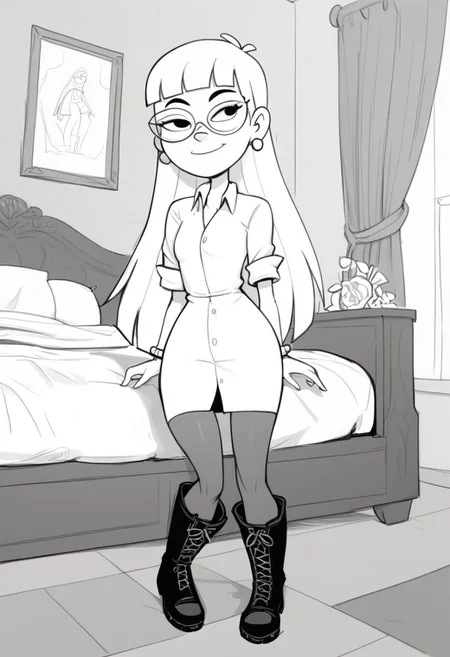 score_9, score_8_up, score_7_up, BREAK flufsk, monochrome, grayscale, VicSol, 1girl, long hair, blunt bangs, black eyes, glasses, pearl earrings, right arm bracelet, short-sleeved buttoned dress, tights, long boots, full body, solo, solo focus, alone, smiling, cartoon, source_cartoon, bedroom indoors, bedroom background,