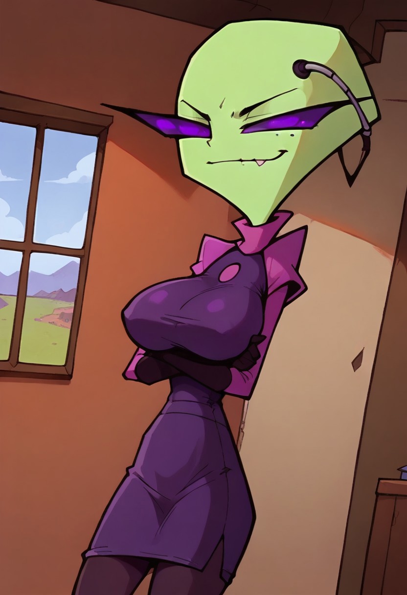 Score_9_up, score_8_up, score_7_up, BREAK, Jabstyle, Expressiveh, dynamic angle, high quality, 1girl, takainvz, green skin, curved antennae, solo, purple eyes, mole under eye, short purple dress, turtleneck, shoulder pads, black gloves, big breasts, arms crossed, smirking, looking at viewer, bedroom, detailed scenery