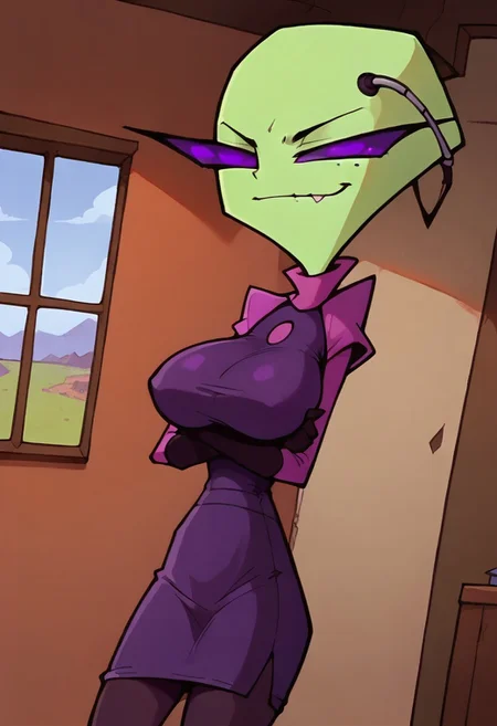 Score_9_up, score_8_up, score_7_up, BREAK, Jabstyle, Expressiveh, dynamic angle, high quality, 1girl, takainvz, green skin, curved antennae, solo, purple eyes, mole under eye, short purple dress, turtleneck, shoulder pads, black gloves, big breasts, arms crossed, smirking, looking at viewer, bedroom, detailed scenery