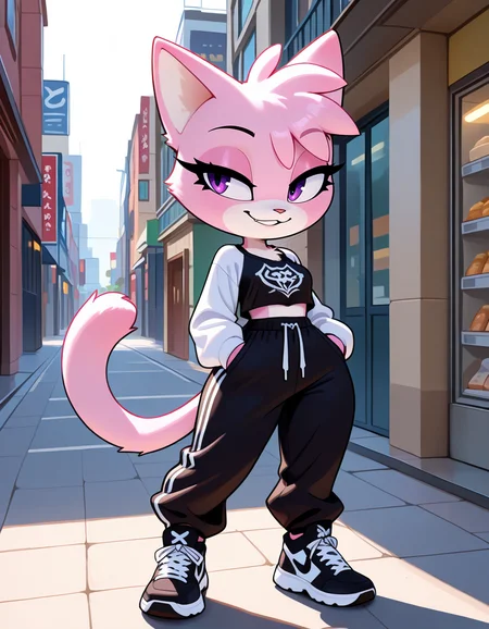 masterpiece, best quality, very aesthetic, absurdres,
outdoors, streetwear,
full body, standing, posing,
seductive smile, parted lips, long eyelashes,
<lora:Jana_v01_NAIXL:1>
J4n4,1girl,solo,furry,furry female,cat girl,cat ears,purple eyes,animal nose,body fur,two-tone fur,pink fur,white fur,cat tail,