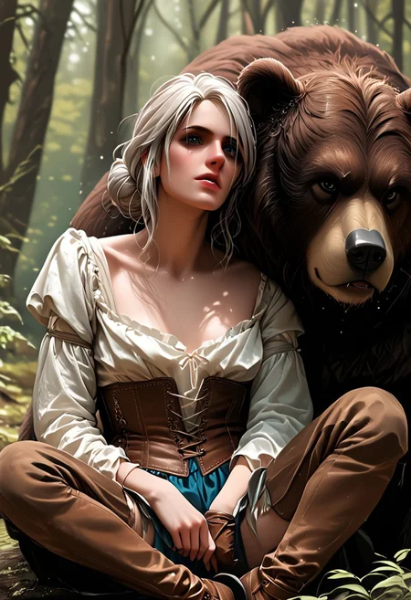 Score_9, score_8_up, score_7_up, 1girl, cosplaying as Ciri from The Witcher series, seated in a forest setting, leaning against a large, realistic bear with its mouth open in a roar. The girl has silver hair styled in a loose bun, revealing her youthful and determined face with green eyes. She is dressed in a white blouse with a deep neckline, brown leather gloves, a corset belt with blue gemstone details, black garter belt stockings, and high-heeled boots. The setting is a dense forest with tall trees and a mystical atmosphere, with soft, diffused light filtering through the canopy. The bear's fur is dark and shaggy, adding a sense of realism and wildness to the scene. The girl's pose is relaxed yet vigilant, holding a sword in one hand while resting her head against the bear.