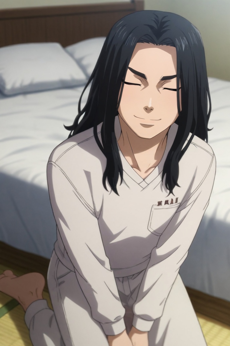 score_9, score_8_up, score_7_up, source_anime, rating_safe, , (realistic:0.6), looking at viewer, depth of field, 1boy, solo, male focus, <lora:keisuke_baji_pony:0.9>, keisuke_baji, black hair, brown eyes, long hair, , from above, full body, bedroom, bed, nightstand, day, sitting, (closed eyes:1.2), smile, , <lora:sdxl_lightning_8step_lora:1>