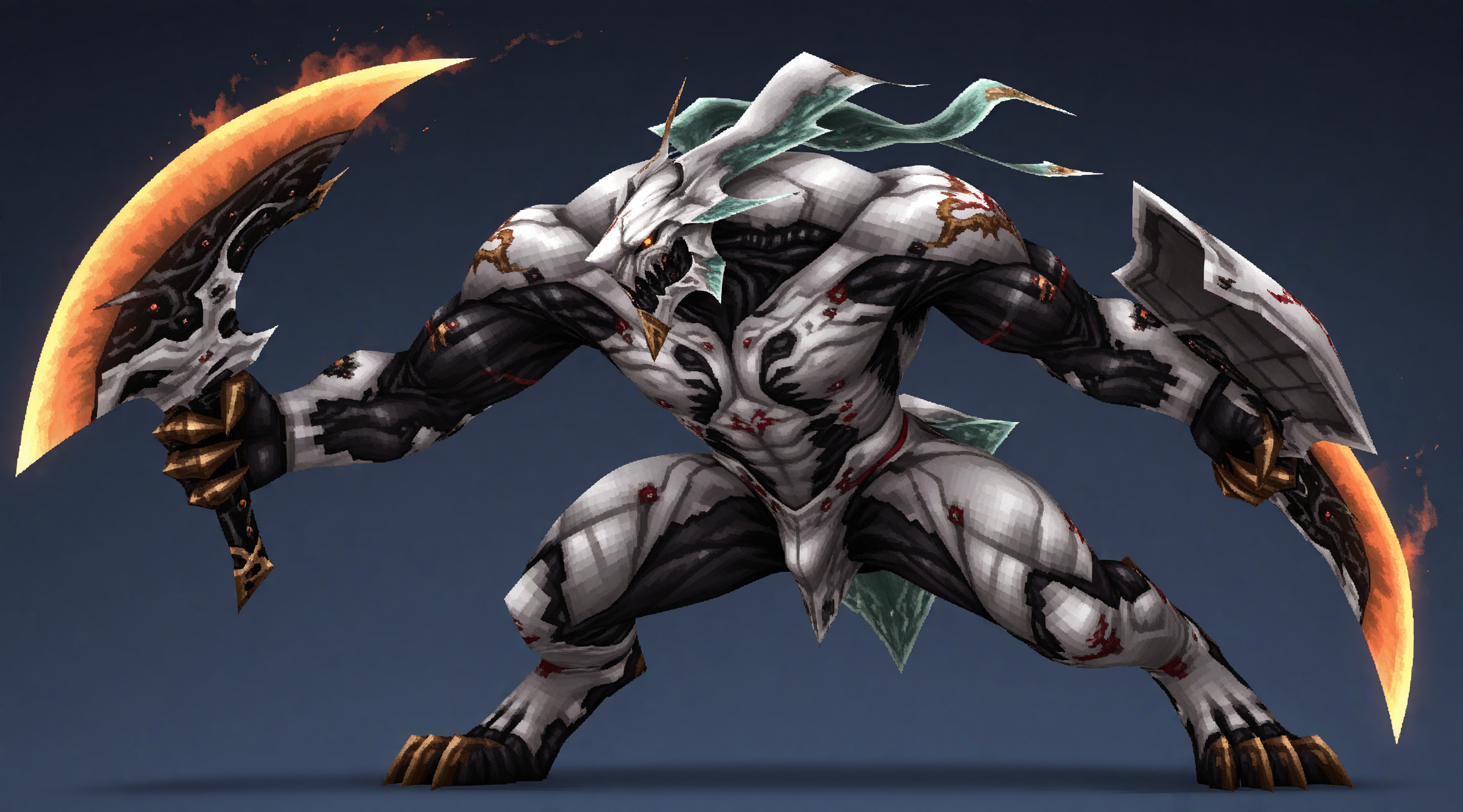 IllusP0s,<lora:ps1_character:1>,3d,low poly,
masterpiece,best quality,amazing quality,chibi,
1other,solo,<lora:Beta_Behemoth:1>,Final Fantasy XIII Beta Behemoth,multiple eyes,glowing eyes,digitigrade,claws,1boy,biomechanical beast,holding big sword,
(side view:1.2),serious,creepy,full body,holding shield,holding flaming sword,monster,ghostly,fighting stance,boss fight,
blue background,ps1ch4r4cter,final fantasy vi,