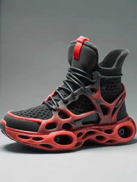 a closeup shot of a pair futuristic red and black sneakers <lora:ral-fittingfoam:1> ral-fittingfoam